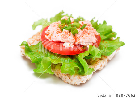 Rice Cake Sandwich with Tomato, Lettuce, Fish Cream and Green Onions - Isolated 88877662