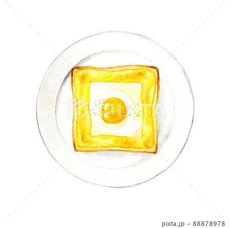 皿に乗った目玉焼きとマヨネーズのトースト　料理・カフェメニューの手描き水彩イラスト素材 88878978