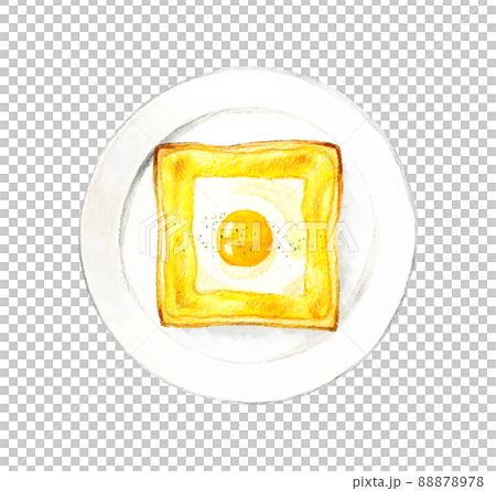 皿に乗った目玉焼きとマヨネーズのトースト　料理・カフェメニューの手描き水彩イラスト素材 88878978