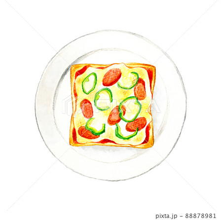 皿に乗ったピザトースト 料理 カフェメニューの手描き水彩イラスト素材のイラスト素材 8781