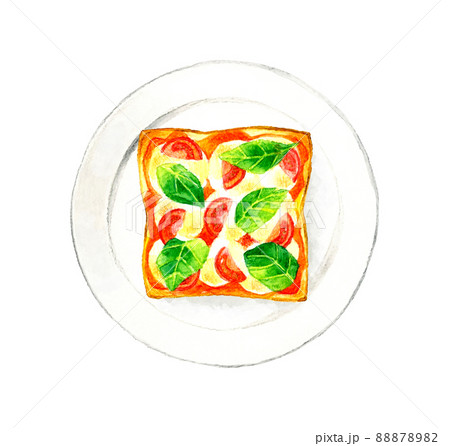 皿に乗ったマルゲリータトースト 料理 カフェメニューの手描き水彩イラスト素材のイラスト素材 87