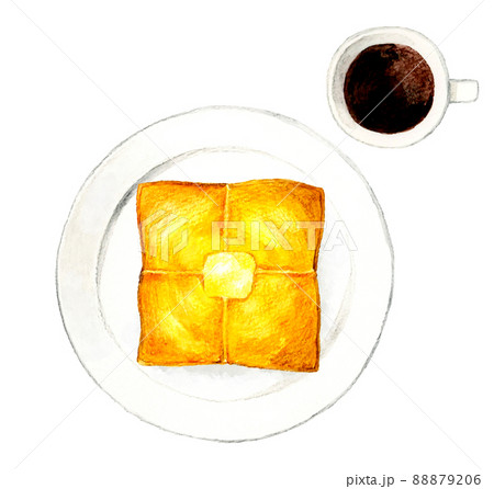 皿に乗ったバタートースト&珈琲 料理・カフェメニューの手描き水彩イラスト素材 皿に乗ったバタートースト&珈琲 料理・カフェメニューの手描き水彩イラスト素材 88879206