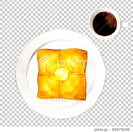 皿に乗ったバタートースト&珈琲 料理・カフェメニューの手描き水彩イラスト素材 皿に乗ったバタートースト&珈琲 料理・カフェメニューの手描き水彩イラスト素材 88879206