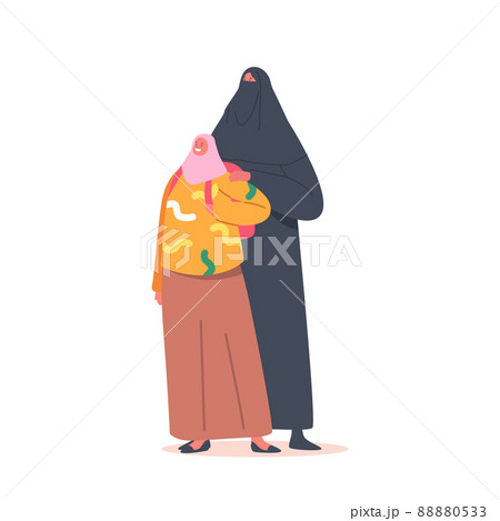 Traditional Arab Family, Mother and Daughter Characters. Saudi Woman and Girl Wear National Clothes Hijab or Abaya Traditional Arab Family, Mother and Daughter Characters. Saudi Woman and Girl Wear National Clothes Hijab or Abaya 88880533