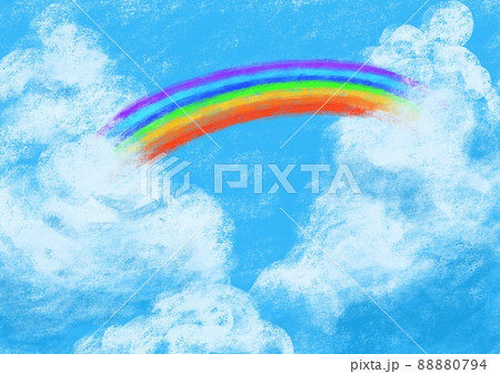クレヨンで描いた空と雲の間にカラフルな虹の背景素材のイラスト素材