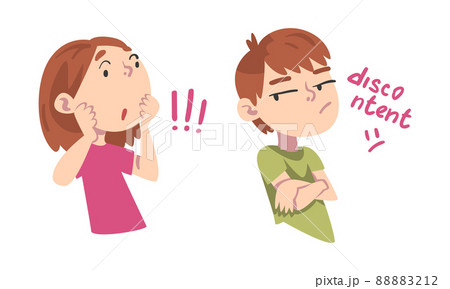 Emotional children set. Cute girl and boy with surprised and disdainful face expression cartoon vector illustration Emotional children set. Cute girl and boy with surprised and disdainful face expression cartoon vector illustration 88883212