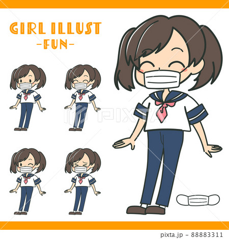 マスクをした表情豊かな女子学生のイラストセット　笑顔　ズボン制服　カラー 88883311