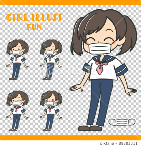 マスクをした表情豊かな女子学生のイラストセット　笑顔　ズボン制服　カラー 88883311