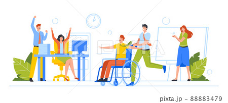 Fun in Office Concept. Business People Fooling, Rolling Disabled Colleague Sitting at Wheelchair around Office Room 88883479