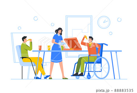 Handicapped Person Integration in Collective. Business Team Eating Pizza in Office Together with Disabled Colleague Handicapped Person Integration in Collective. Business Team Eating Pizza in Office Together with Disabled Colleague 88883535