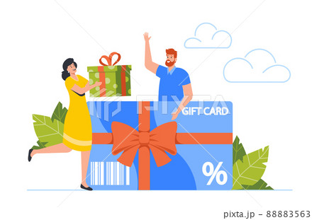 Customers Gift Card, Woman Giving Giftbox to Male Character. Festive Sale and Shopping Promotion Offer, Bonus System 88883563
