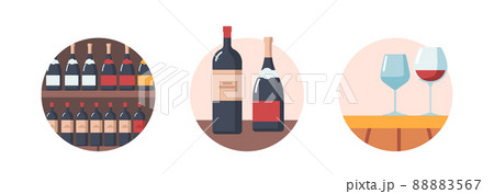 Wine Bottles and Wineglasses on Table, Shelf with Alcohol Drinks Isolated Round Icons on White Background 88883567