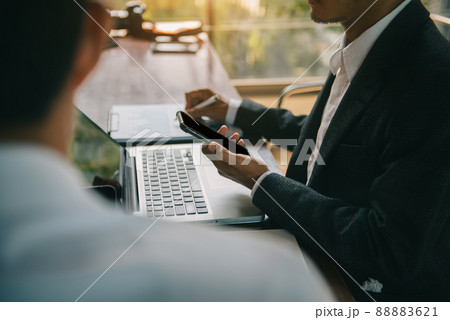 Account managers crew working with new startup project. Idea presentation, analyze plans. business meeting time. Account managers crew working with new startup project. Idea presentation, analyze plans. business meeting time. 88883621
