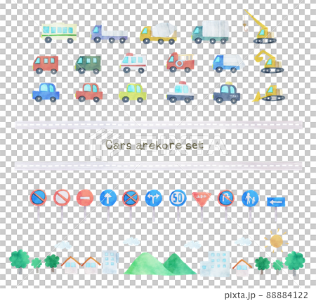 働く車と標識の手描き風イラストセット 88884122