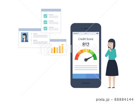 自分の信用スコアをスマホで確認して喜ぶアジア人女性のイラスト素材 88884144