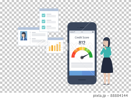 自分の信用スコアをスマホで確認して喜ぶアジア人女性のイラスト素材 88884144