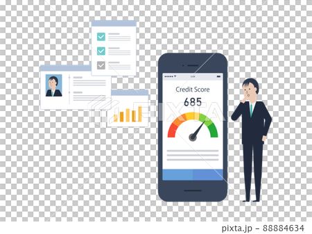 自分の信用スコアをスマホで確認するアジア人男性のイラスト素材 88884634