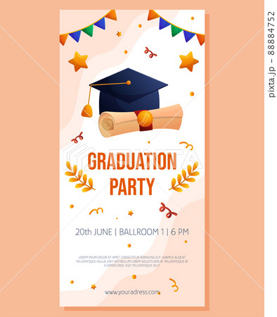 Graduation party vertical banner with garland, script and cap. Vector layout invitation template. Degree ceremony invite. Student greeting design. Graduation party vertical banner with garland, script and cap. Vector layout invitation template. Degree ceremony invite. Student greeting design. 88884752