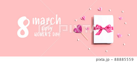 Happy Womens day message with a gift box and hearts 88885559