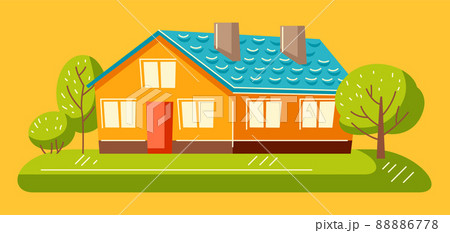 Background with cute house and trees. Country cottage illustration. 88886778