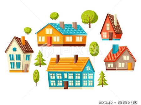 Background with cute houses and trees. Country cottages illustration. 88886780