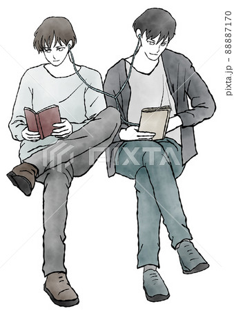 イヤホンを共有しながら読書をする男性の、マンガ風手描き水彩イラスト(同性パートナーのイメージに) イヤホンを共有しながら読書をする男性の、マンガ風手描き水彩イラスト(同性パートナーのイメージに) 88887170