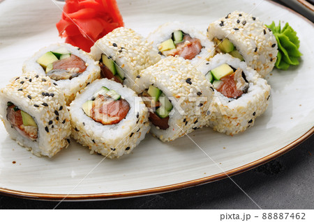 Japanese sushi roll on plate close up 88887462