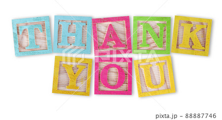 Thank you concept with childs wood blocks on white with clipping path to remove shadow 88887746