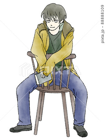 本を手にラフな格好で椅子に座っている男の子の マンガ風手描き水彩イラストのイラスト素材 8109