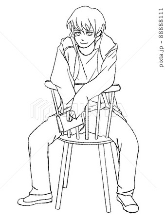 本を手にラフな格好で椅子に座っている男の子の、マンガ風手描き線画