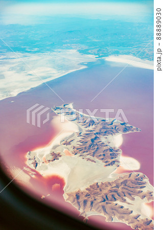 Aerial View Of Lake Urmia From Window Of Plane. Beautiful Lake Urmia Is An Endorheic Salt Lake In Iran. Aerial View Of Jezireye Island-Eshek. West Azerbaijan Province, Iran, Kurdistan Aerial View Of Lake Urmia From Window Of Plane. Beautiful Lake Urmia Is An Endorheic Salt Lake In Iran. Aerial View Of Jezireye Island-Eshek. West Azerbaijan Province, Iran, Kurdistan 88889030