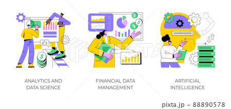 Big data abstract concept vector illustration set. Analytics and data science, financial data management, artificial intelligence, risk management, machine learning, dashboard abstract metaphor. 88890578