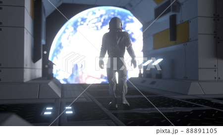 Alone astronaut in futuristic spaceship. View of the earth. 3d rendering 88891105