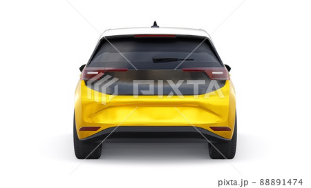 New generation yellow electric city hatchback car with extended range. 3d illustration. New generation yellow electric city hatchback car with extended range. 3d illustration. 88891474