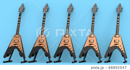 Set of electric acoustic guitar isolated on blue background. 3d render of concept for rock festival poster with heavy metal guitar for music shop Set of electric acoustic guitar isolated on blue background. 3d render of concept for rock festival poster with heavy metal guitar for music shop 88892047