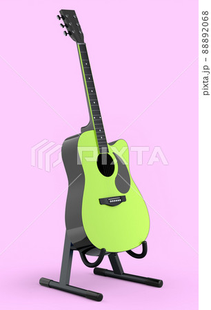 Electric acoustic guitar on stand isolated on pink background. 3d render of concept for rock festival poster with heavy metal guitar for music shop Electric acoustic guitar on stand isolated on pink background. 3d render of concept for rock festival poster with heavy metal guitar for music shop 88892068