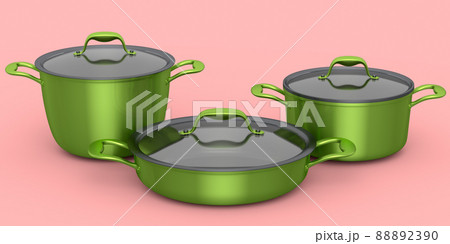 Set of stewpot, frying pan and chrome plated cookware on pink background 88892390