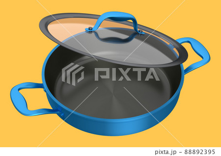 Stainless steel stewpot and chrome plated aluminum cookware on yellow background 88892395
