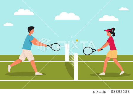 Vector illustration of an active man and woman playing tennis on a court. Vector illustration 88892588