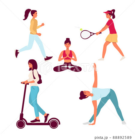 set of options isolated on white. The girl runs, plays tennis, rides a scooter set of options isolated on white. The girl runs, plays tennis, rides a scooter 88892589