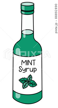 Doodle cartoon style mint syrup in a bottle. Sweet sugar breakfast pancake topping or cocktail ingredient. For card, stickers, posters, bar menu or cook book recipe Doodle cartoon style mint syrup in a bottle. Sweet sugar breakfast pancake topping or cocktail ingredient. For card, stickers, posters, bar menu or cook book recipe 88892890