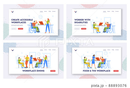 People Dining at Workplace Landing Page Template Set. Business Team Eating Pizza in Office with Disabled Colleague People Dining at Workplace Landing Page Template Set. Business Team Eating Pizza in Office with Disabled Colleague 88893076
