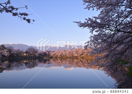 北杜市長坂町、長坂湖の春、満開の桜、静かな朝、朝日が当たる山並み 北杜市長坂町、長坂湖の春、満開の桜、静かな朝、朝日が当たる山並み 88894341