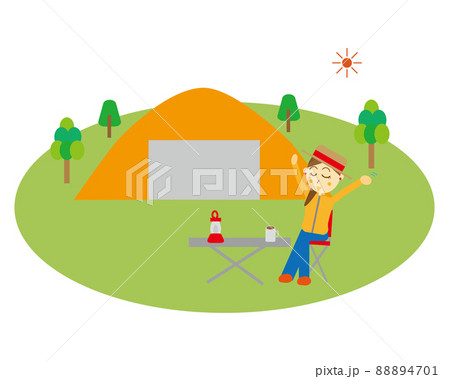 休日気分転換に山にソロキャンプをしにきた女性のイラスト 深呼吸 息を吸い込む アウトドア 自然のイラスト素材 4701