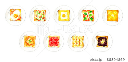 皿に乗ったトースト料理のカットイラスト　料理・カフェメニューの手描き水彩イラスト素材集 88894869
