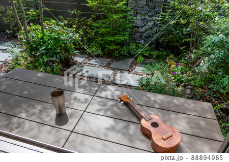 縁側の陽だまりでウクレレを楽しむ　ガビオン（蛇籠）のある小さな庭で 88894985