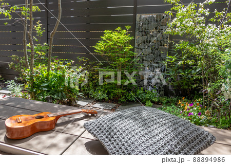 縁側の陽だまりでウクレレを楽しむ　ガビオン（蛇籠）のある小さな庭で 88894986