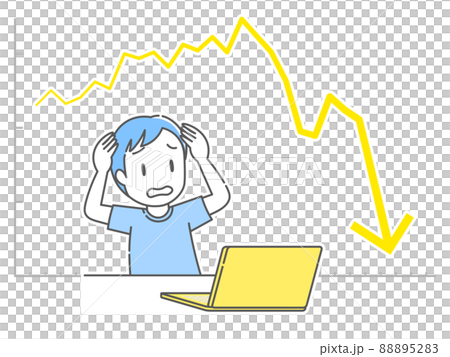 A young man holding his head looking at a stock chart falling on a computer 88895283