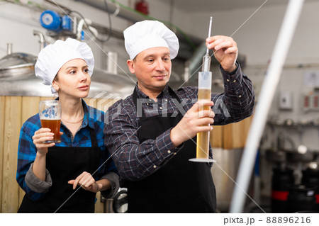 Woman and a man check the amount of alcohol in beer at private brewery 88896216