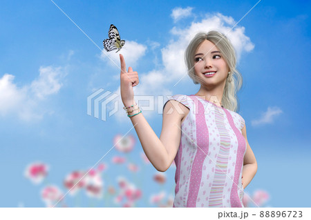 青空を背景に花畑で蝶々と遊ぶピンクのワンピースを着た笑顔の女の子 88896723